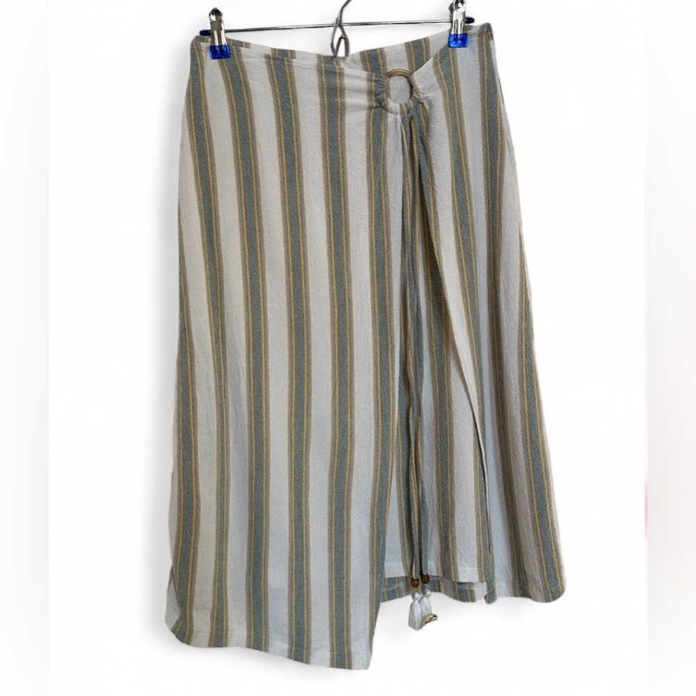 Marissa Olivia Rayon/Linen Blend Striped Wrap Skirt-L-Beach Resort Earthy Boho